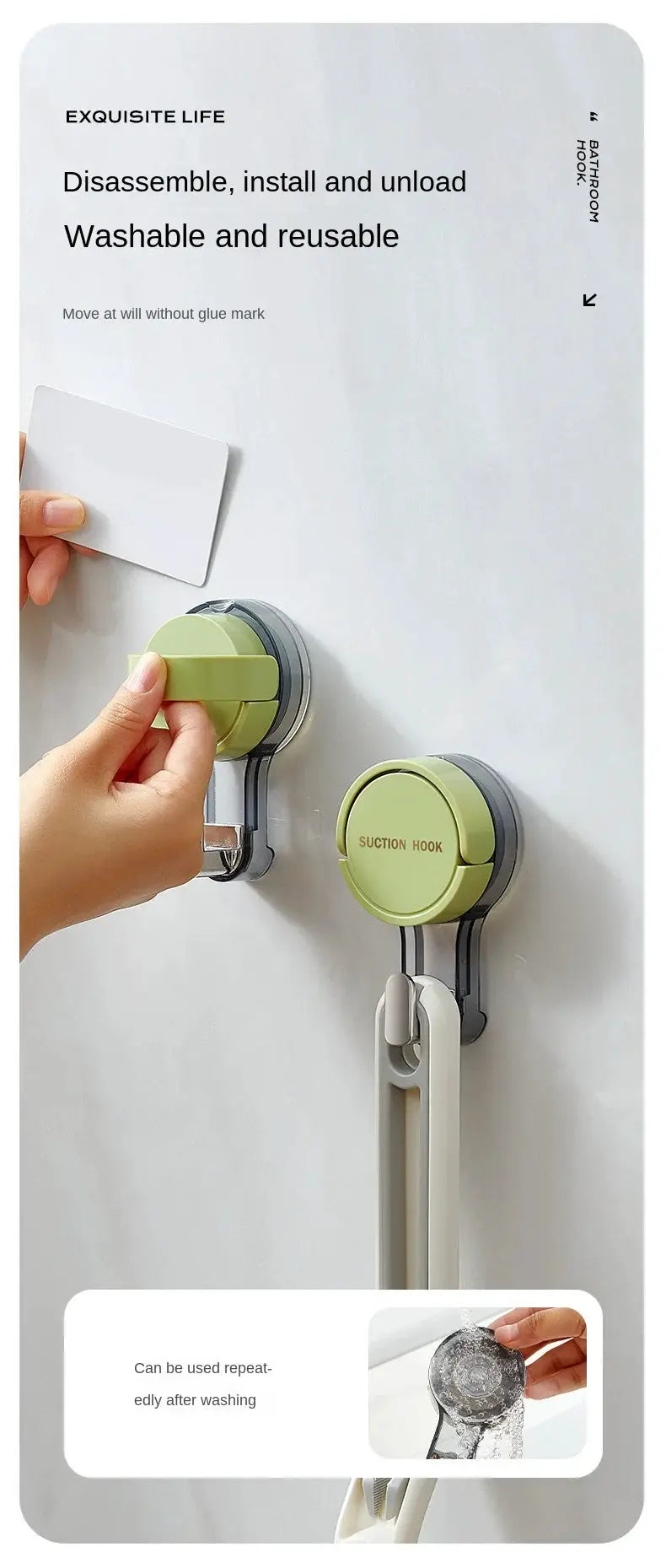 Simples Market vacuum suction hooks set, green, two units mounted on a door for no-drill installation