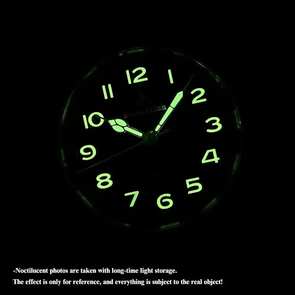 STEELFLIER SF741 analog quartz wristwatch with luminous green numerals on a black dial