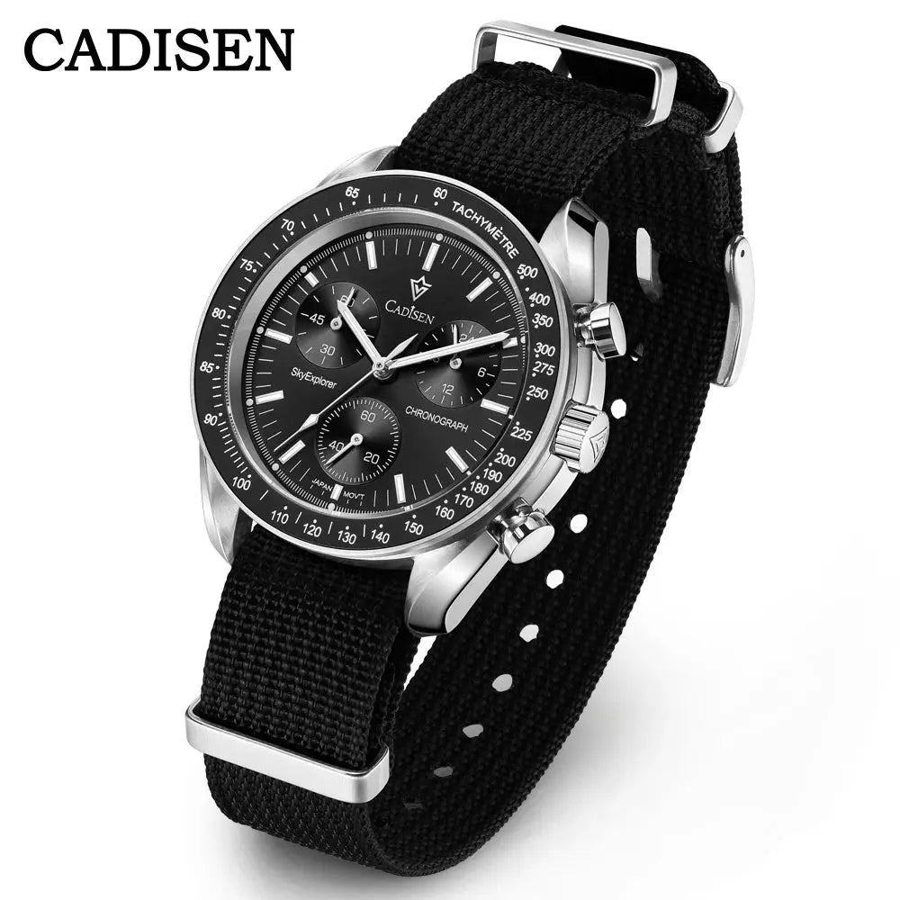 CADISEN men's black-dial wristwatch with chronograph, tachymeter bezel, stainless steel case and black canvas strap