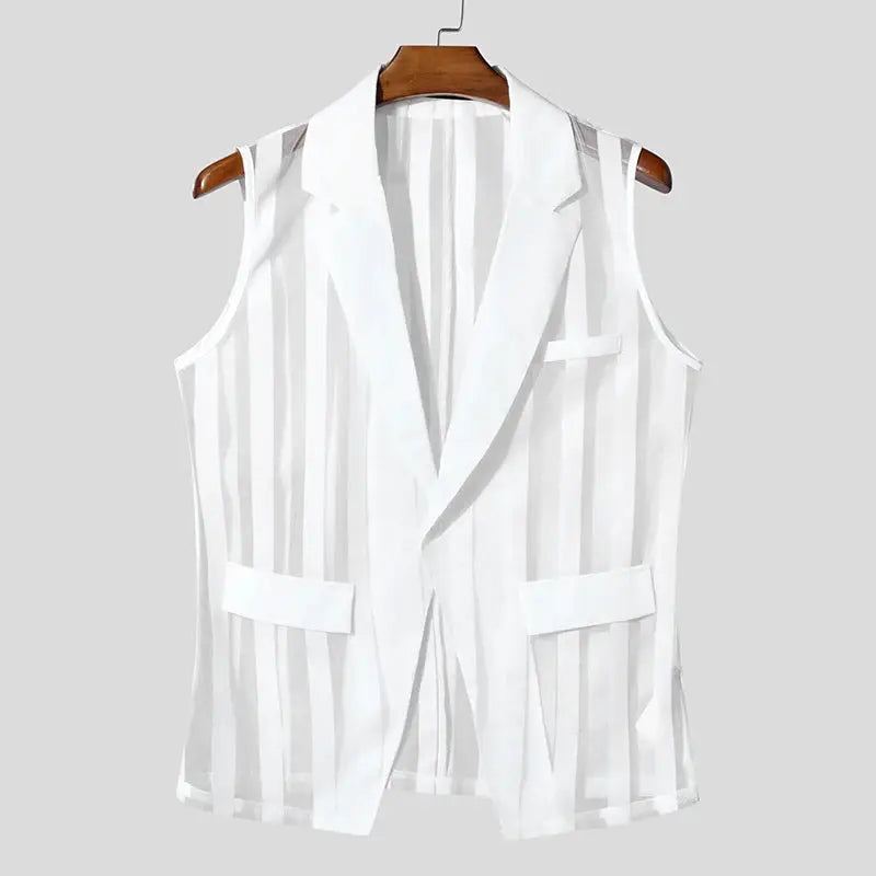 Men's mesh striped vest with lapel collar, sleeveless, white with vertical sheer stripes and front pockets