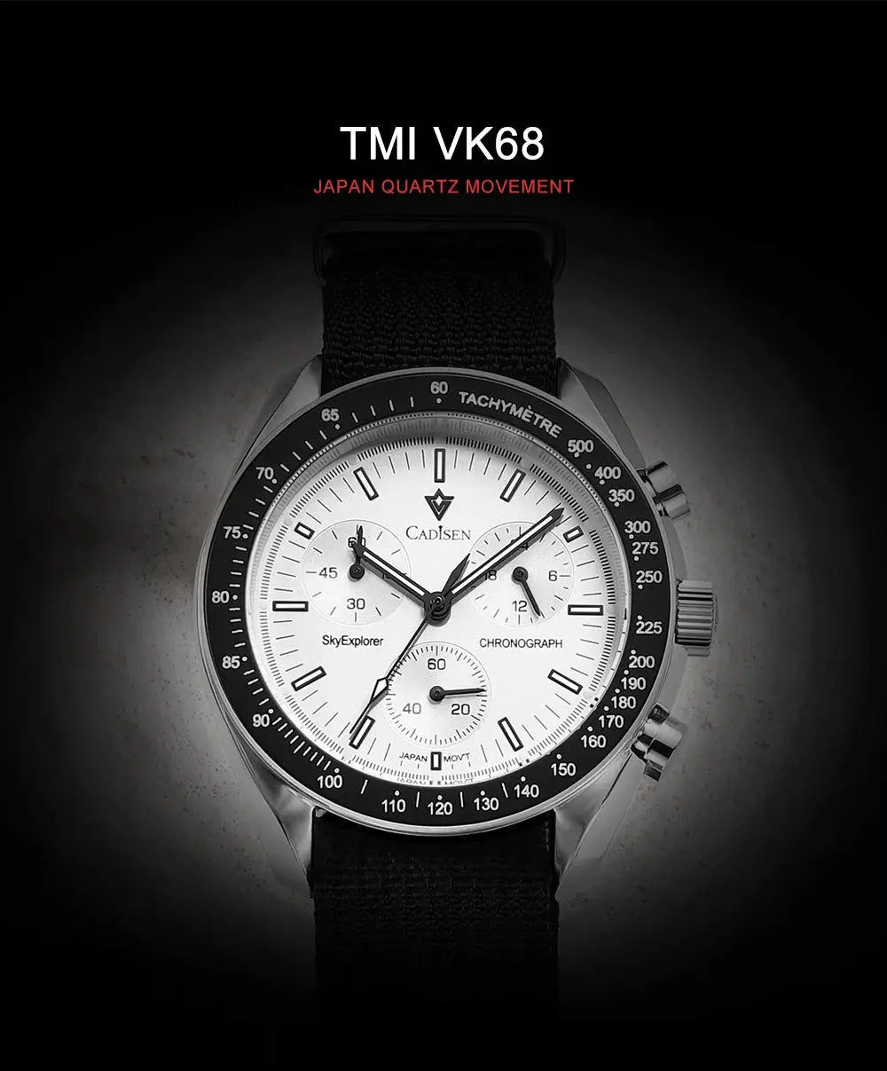 CADISEN men's chronograph watch with white dial, black tachymeter bezel, and canvas strap.