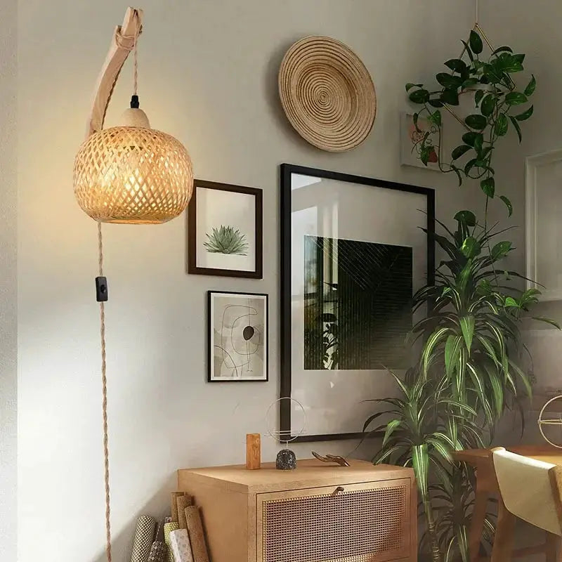 Bamboo lantern wall lamp by Simples Market, natural rattan wicker hand-woven E27 fixture