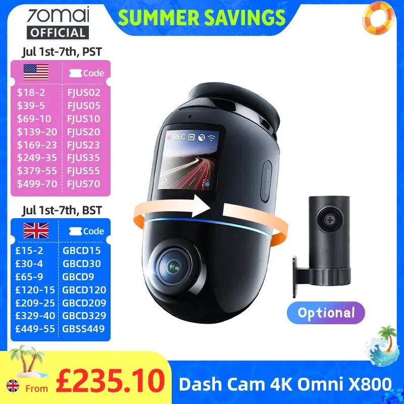 70mai Dash Cam 4K Omni X800, black, Global Version, 360° rotating dual‑channel HDR, 4G compatible