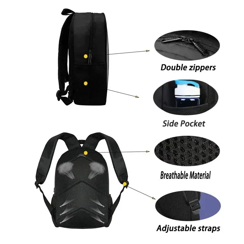 Simples Market CR7 Ronaldo kids' black school backpack with lunch bag and pencil bag; breathable back, double zippers