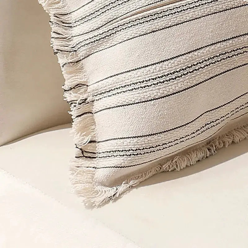 Summer Boho Pillow Cover 30x50 by Simples Market in beige striped fabric with fringed edges