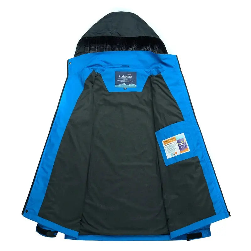 TRVLWEGO camping hiking jacket, blue waterproof windbreaker with black interior, hooded; kaishika label