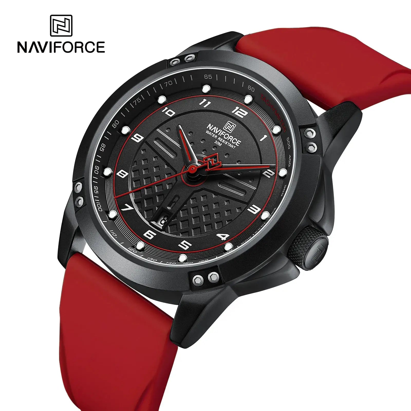 NAVIFORCE casual quartz wristwatch with red silicone strap, black dial, tachymeter bezel, water resistant 30m.