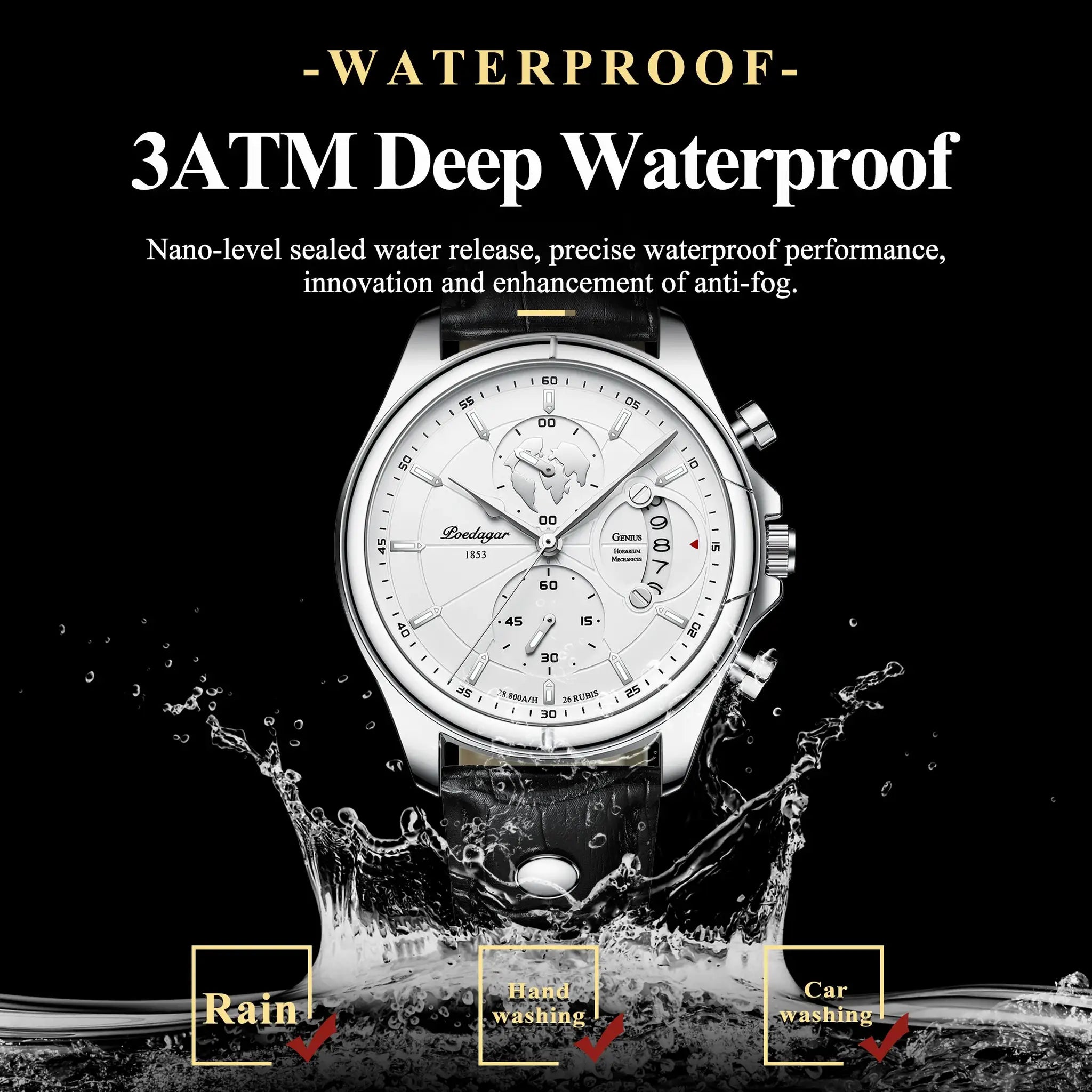 POEDAGAR men's luxury wristwatch with chronograph, waterproof, white dial, black leather strap