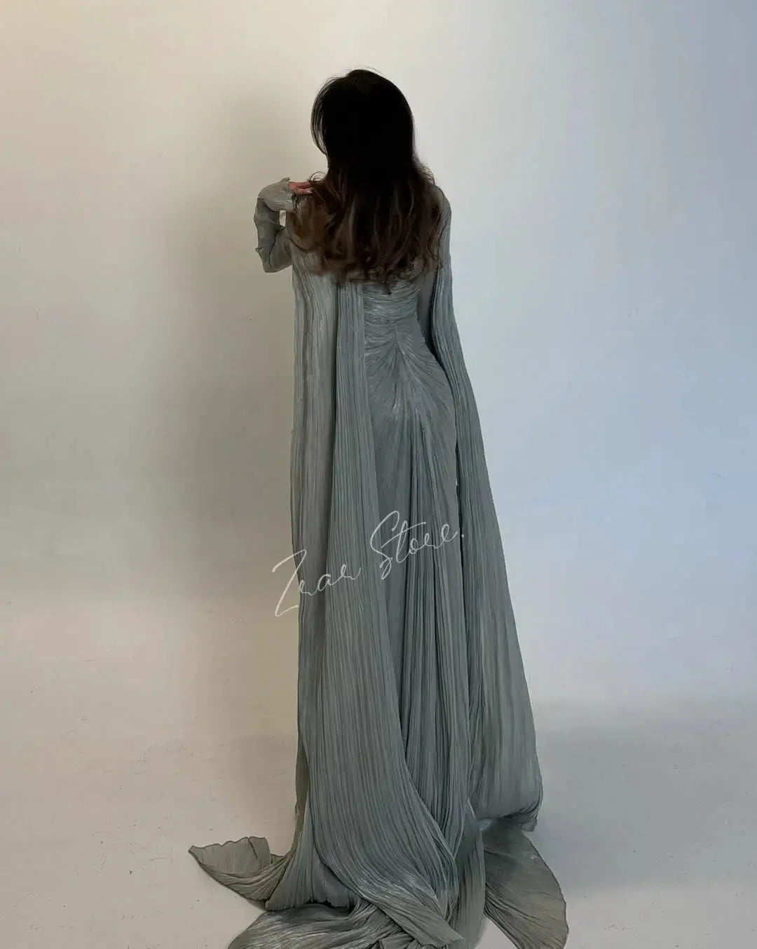 Verngo Green Shiny Formal Evening Dress O Neck Sleeves Prom Gown