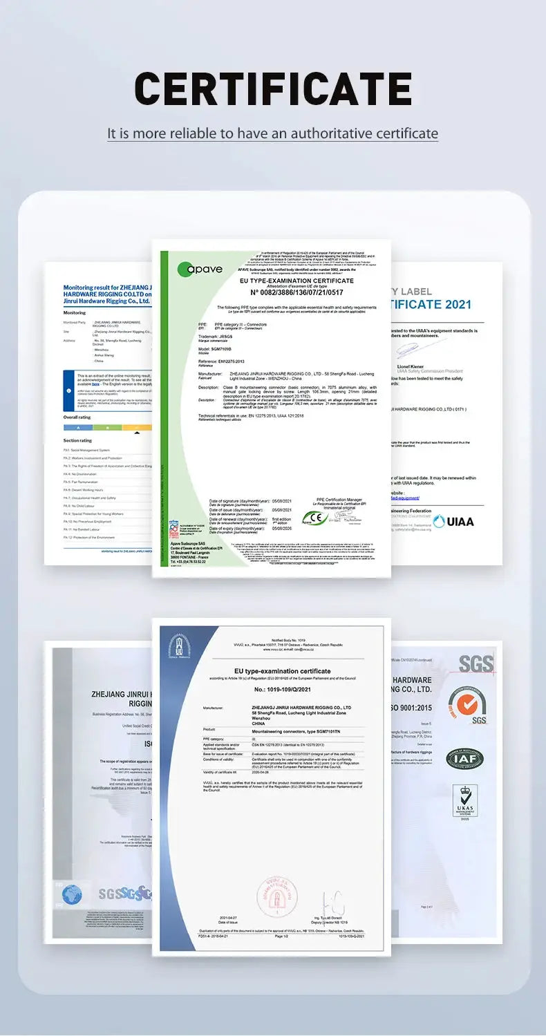 Certificate documents for Simples Market item with SGS, IAF and UIAA seals