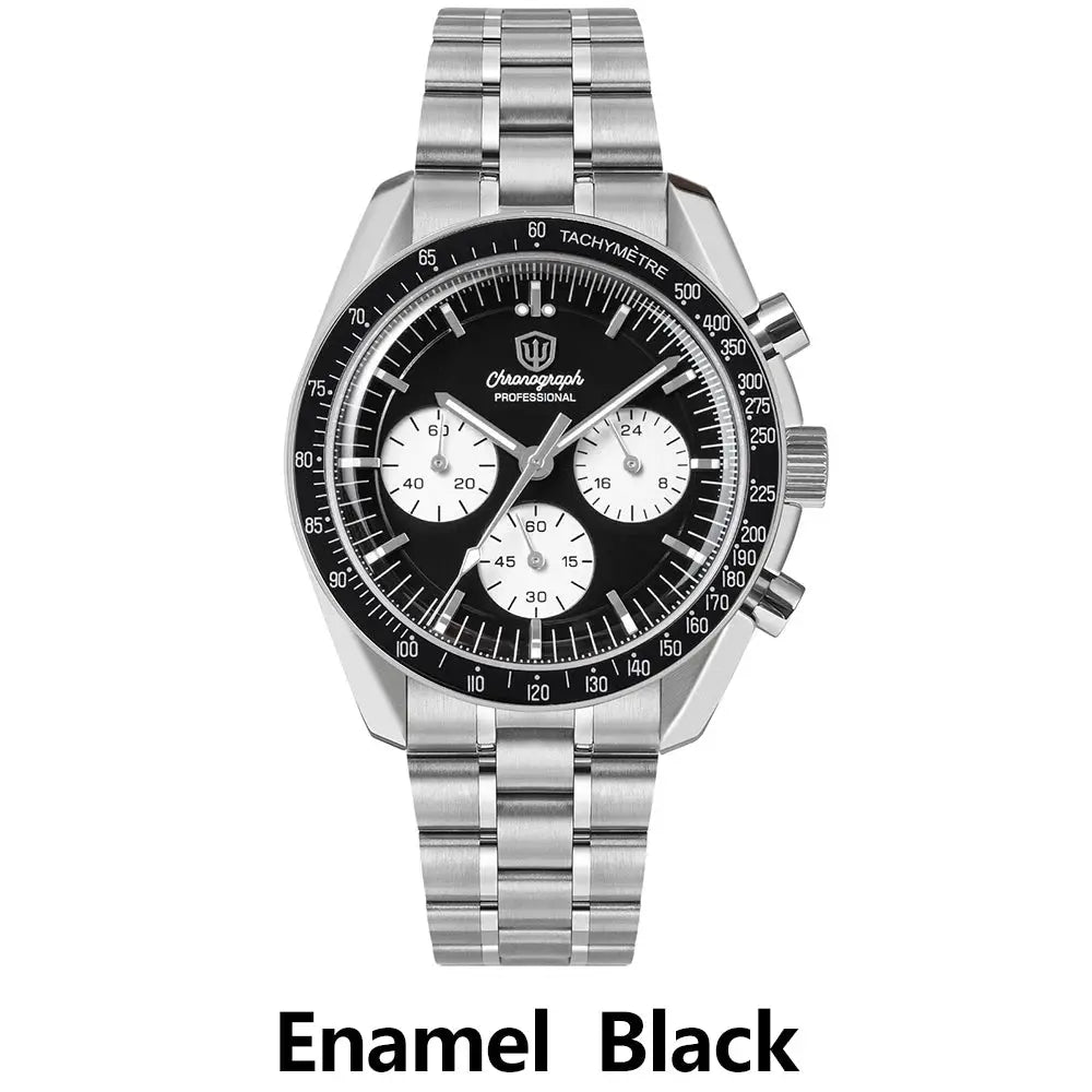Watch, men's stainless steel chronograph with black dial, white subdials and tachymeter bezel