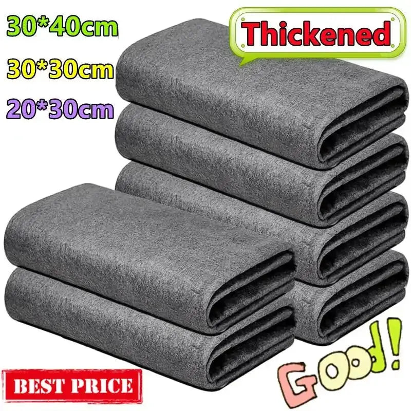 Six thickened gray microfiber cleaning cloths in sizes 20x30, 30x30, 30x40 cm; reusable lint-free rags.