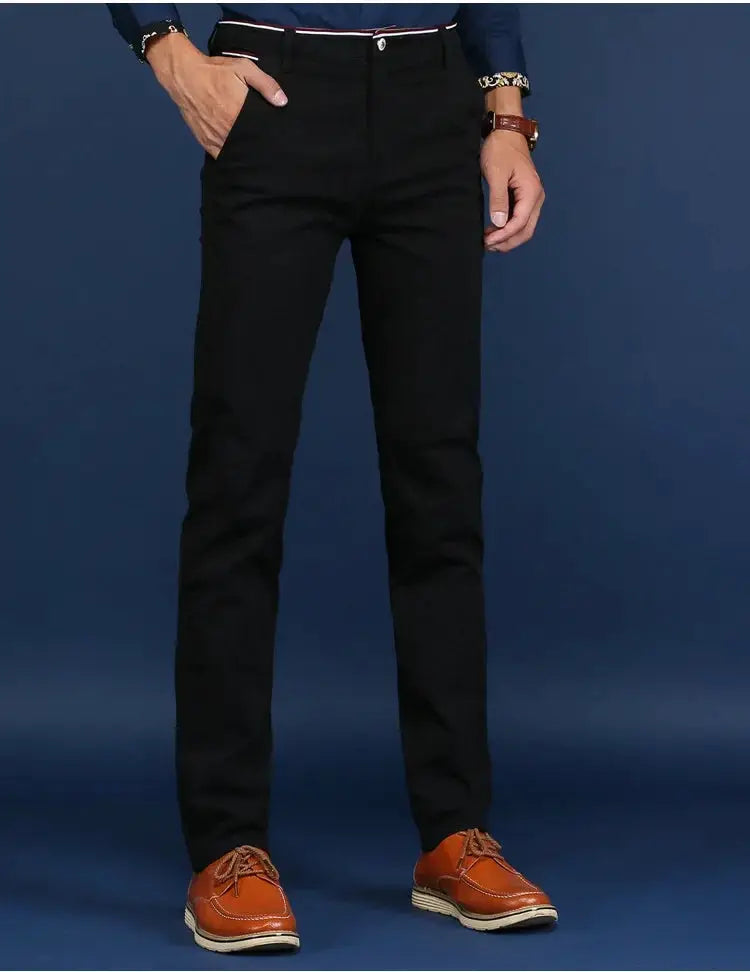 Men's cotton slim trousers in solid black for office or casual wear