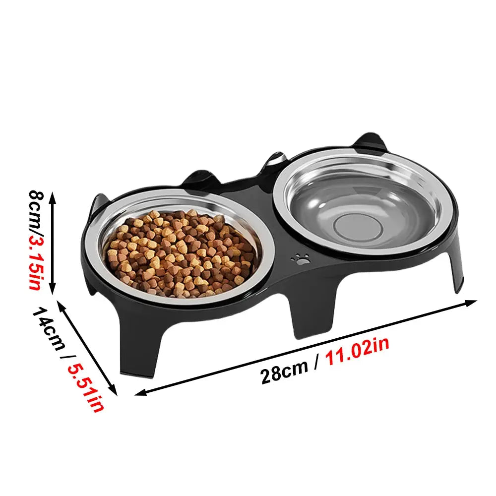 Dual stainless steel pet feeding bowls with anti-tip stand; large-capacity for cats and dogs