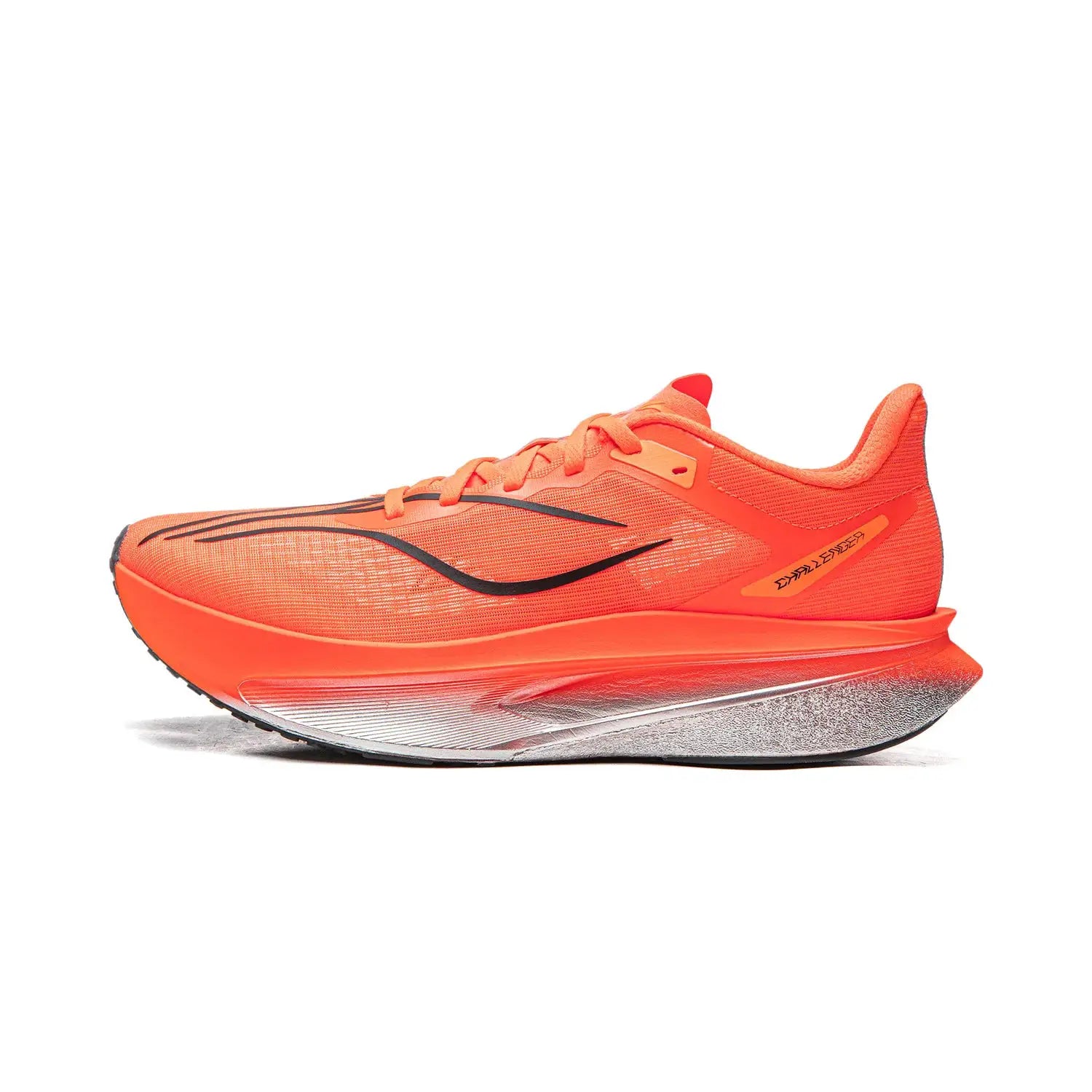 Li-Ning FEIDIAN 6 Challenger racing running shoe in bright orange with reflective midsole.