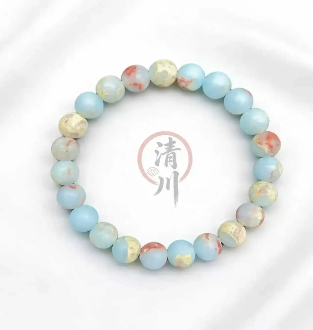 Halo Quartz Ocean Sediment Beaded Bracelet with Shoushan stone beads, pale blue marbled, unisex