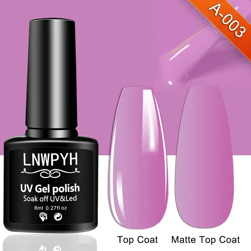 Gel nail polish kit by Simples Market including UV gel bottle and two purple nail swatches, top coat and matte top coat