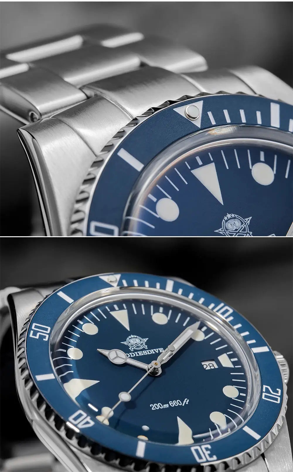 ADDIESDIVE luxury men's analog watch; blue dial, blue bezel, stainless steel bracelet, 200m water resistant