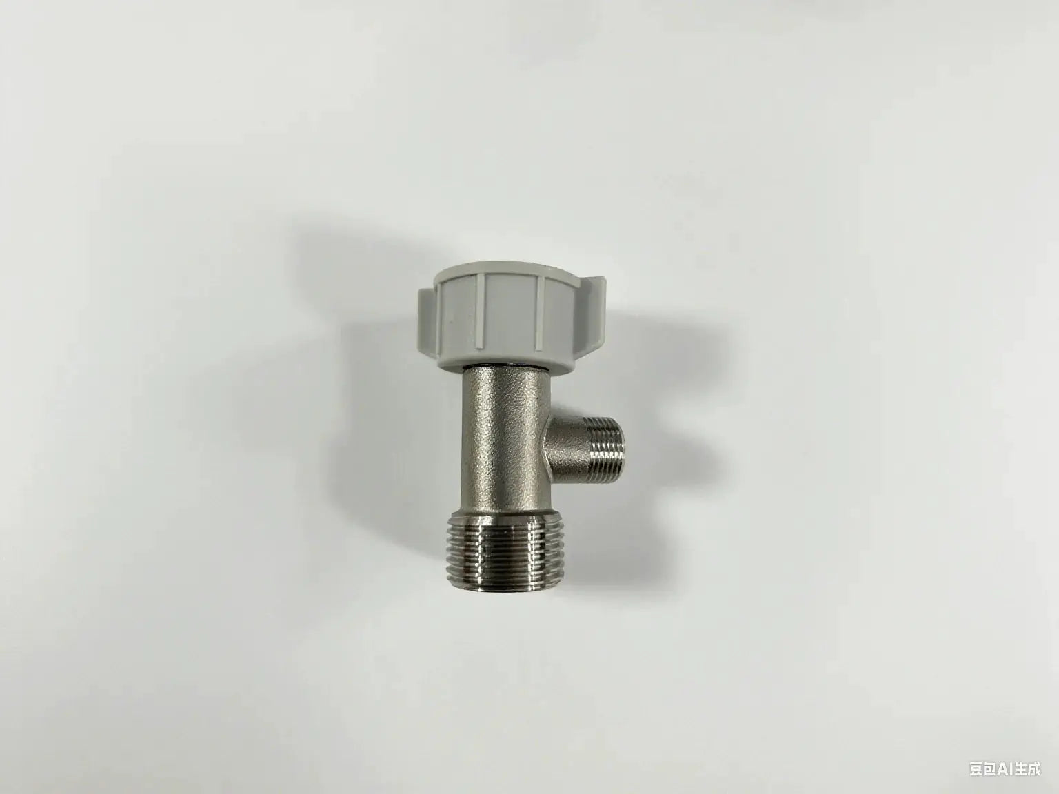 Brass T valve adapter for toilet bidet sprayer, silver metal with gray plastic nut