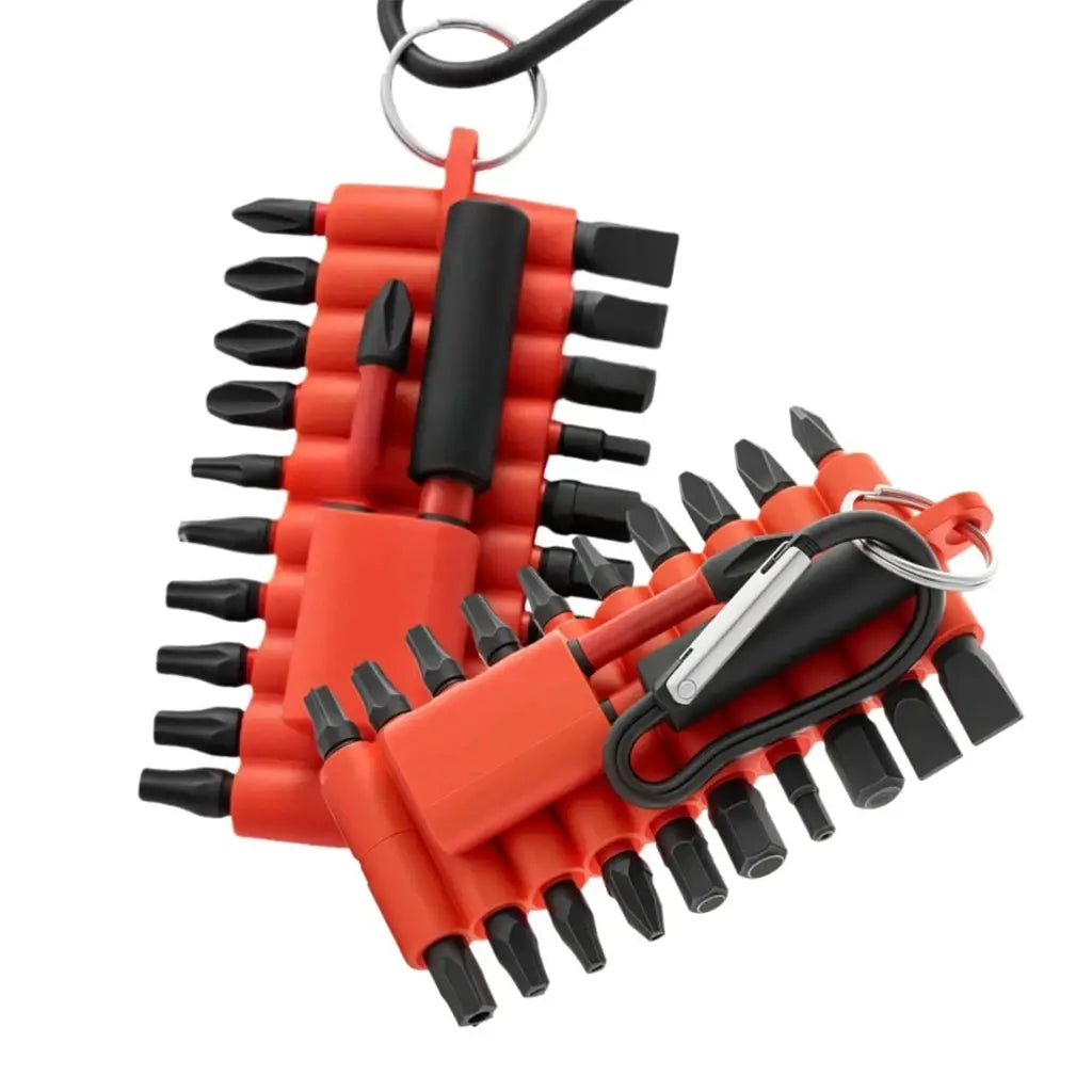 2-pack red screwdriver bit holders in soft rubber with 22 holes, 1/4 inch hex bits and a keyring