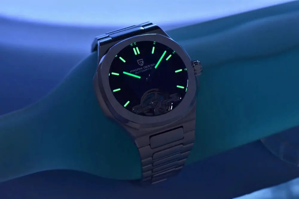 Pagani Design men's skeleton automatic watch, stainless steel gray finish with glowing green lume indices