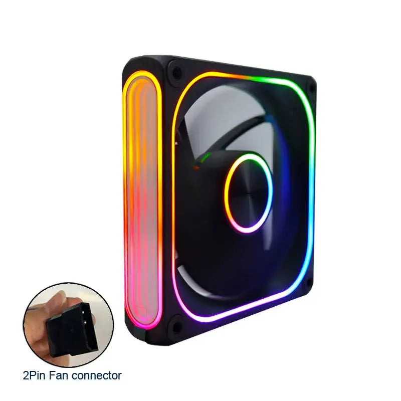 MANMU 120mm RGB PC case fan with rainbow LED ring, black frame, 2-pin connector