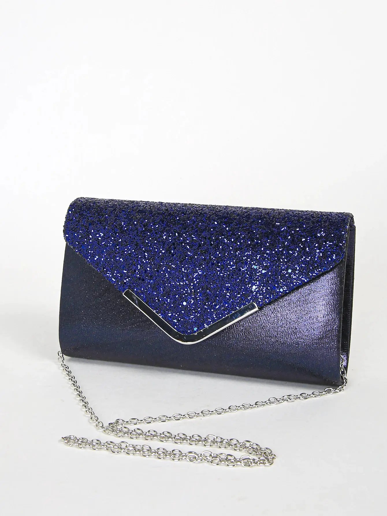 Sequin envelope clutch purse with silver chain strap in navy blue
