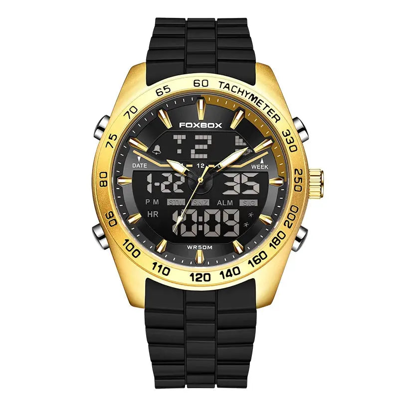 FOXBOX men's luxury digital watch with gold-tone case, black strap, tachymeter bezel and digital display