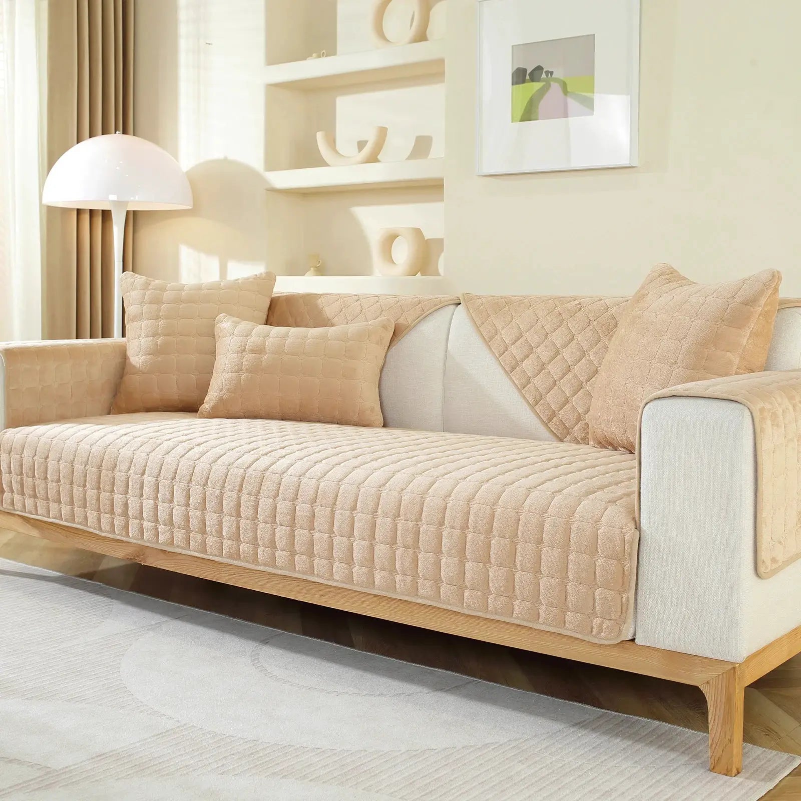 Simples Market beige flannel plaid sofa cover set with quilted non-slip design and matching cushions