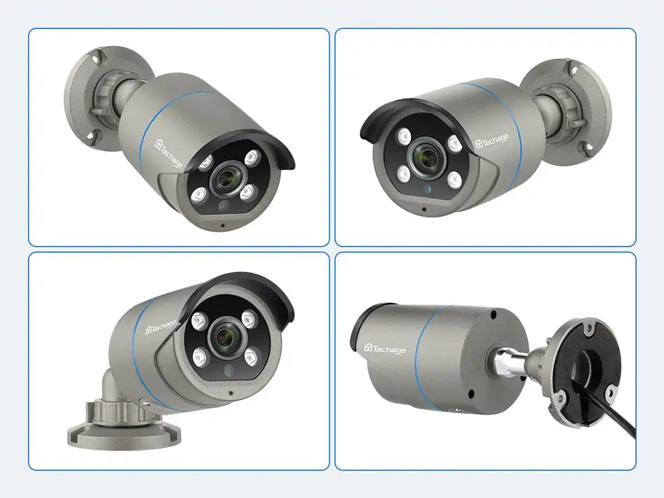Techage outdoor metal IP camera with gray finish and mounting bracket, featuring 4 IR LEDs.