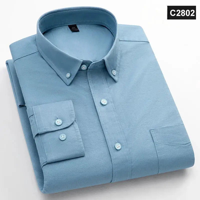 Men's light blue 100% cotton long-sleeve shirt, button-down with single chest pocket.