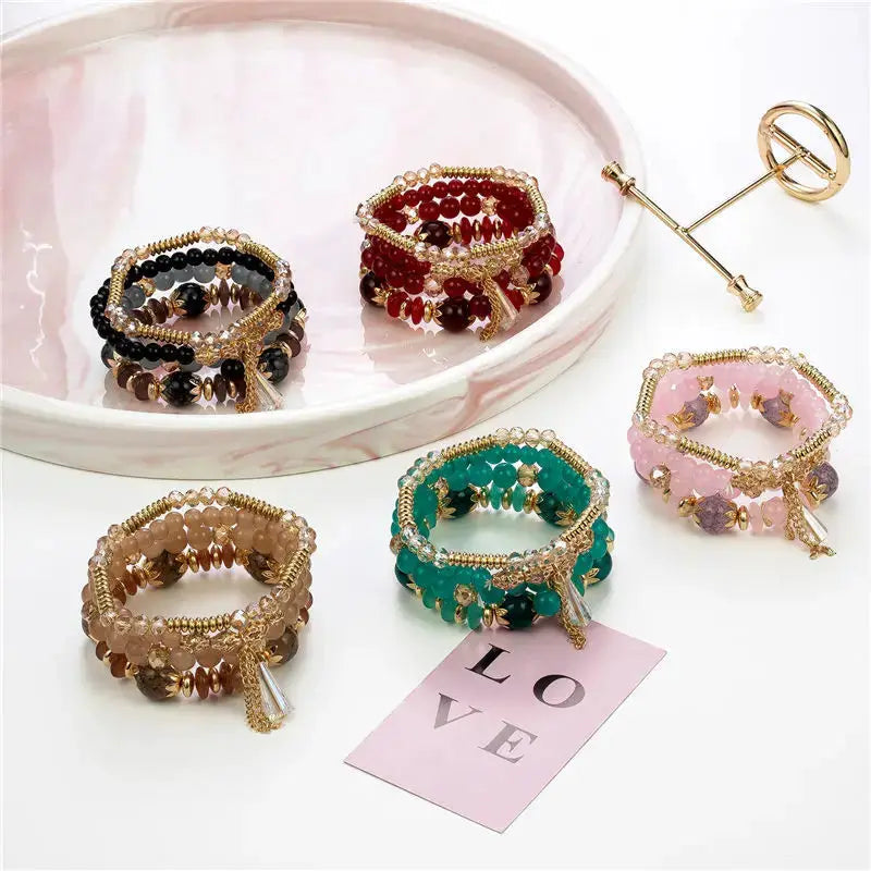 4 Piece Tassel Charm Beads Bracelet Set For Women And Men Bohemian Colorful Glass Bead Chain Bangle Jewelry