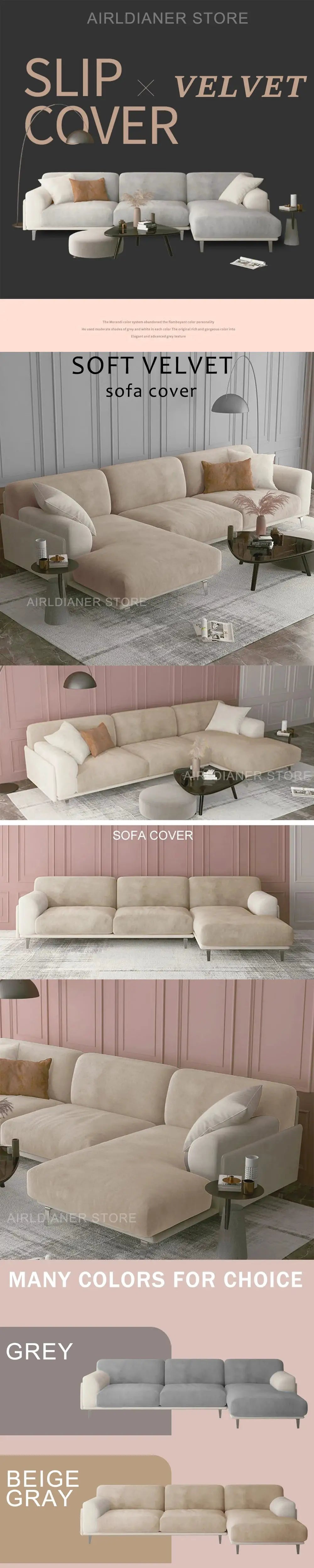 Luxury soft velvet sofa slipcover set with elastic, fitted cushion covers in various colors.