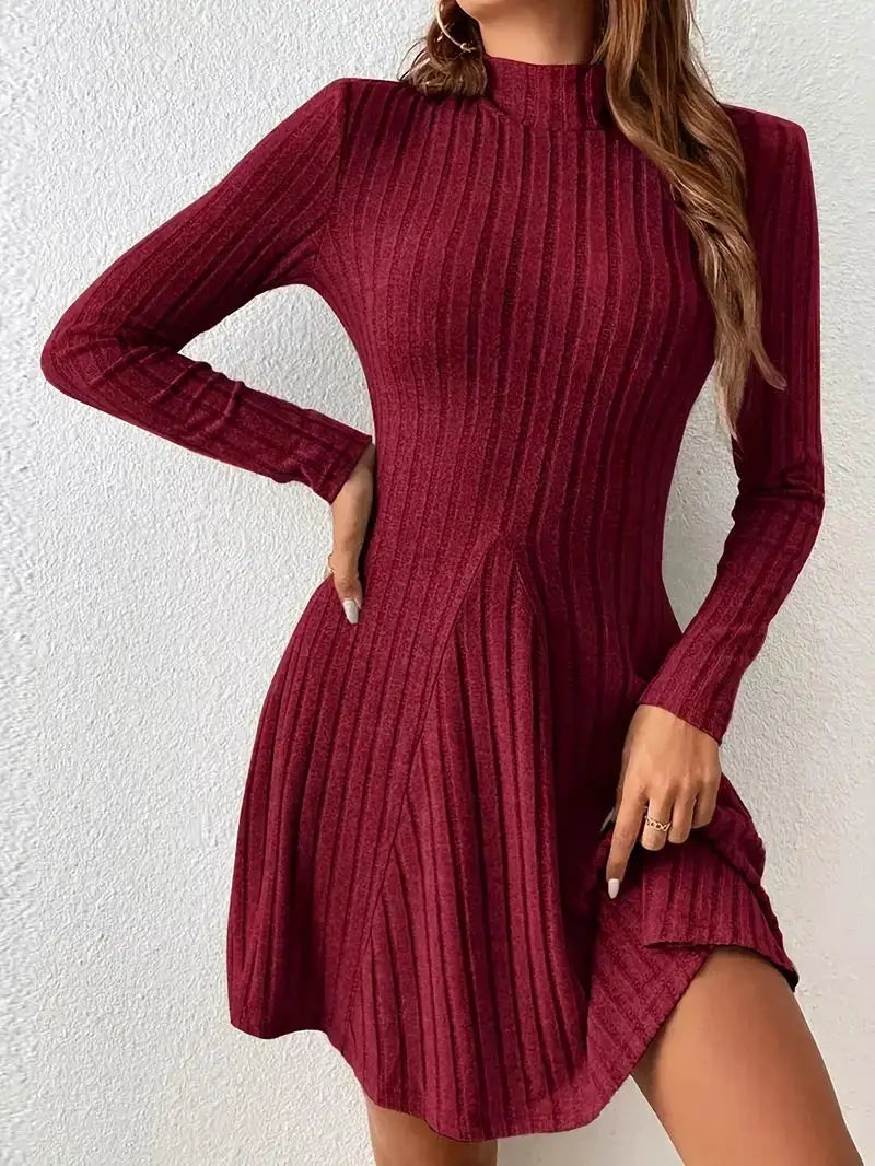 LuxeWeave Womens Slim Fit Dress With Half High Collar Cinched Waist Aline Pinstripe Long Sleeves For Autumn And Winter