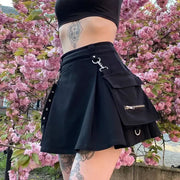 Harajuku punk gothic high-waist black mini skirt with patchwork pockets and silver hardware
