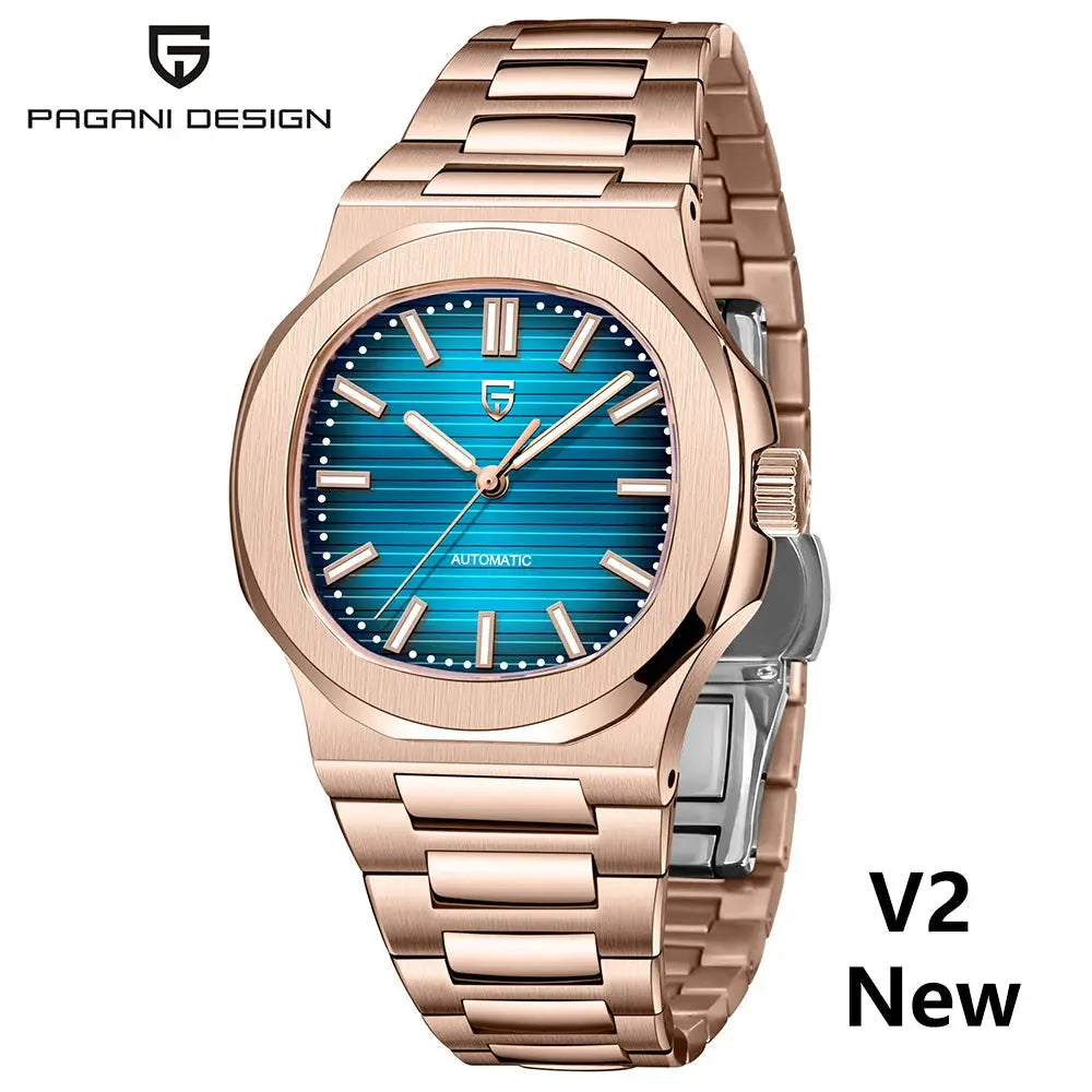 Pagani Design watch, 40mm men's automatic wristwatch in rose gold stainless steel with blue dial and sapphire glass.