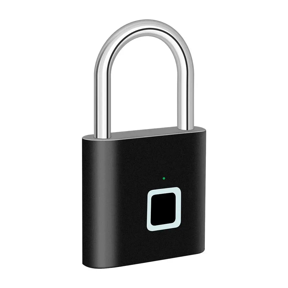 KERUI fingerprint smart padlock, black zinc body with silver shackle and green LED indicator.