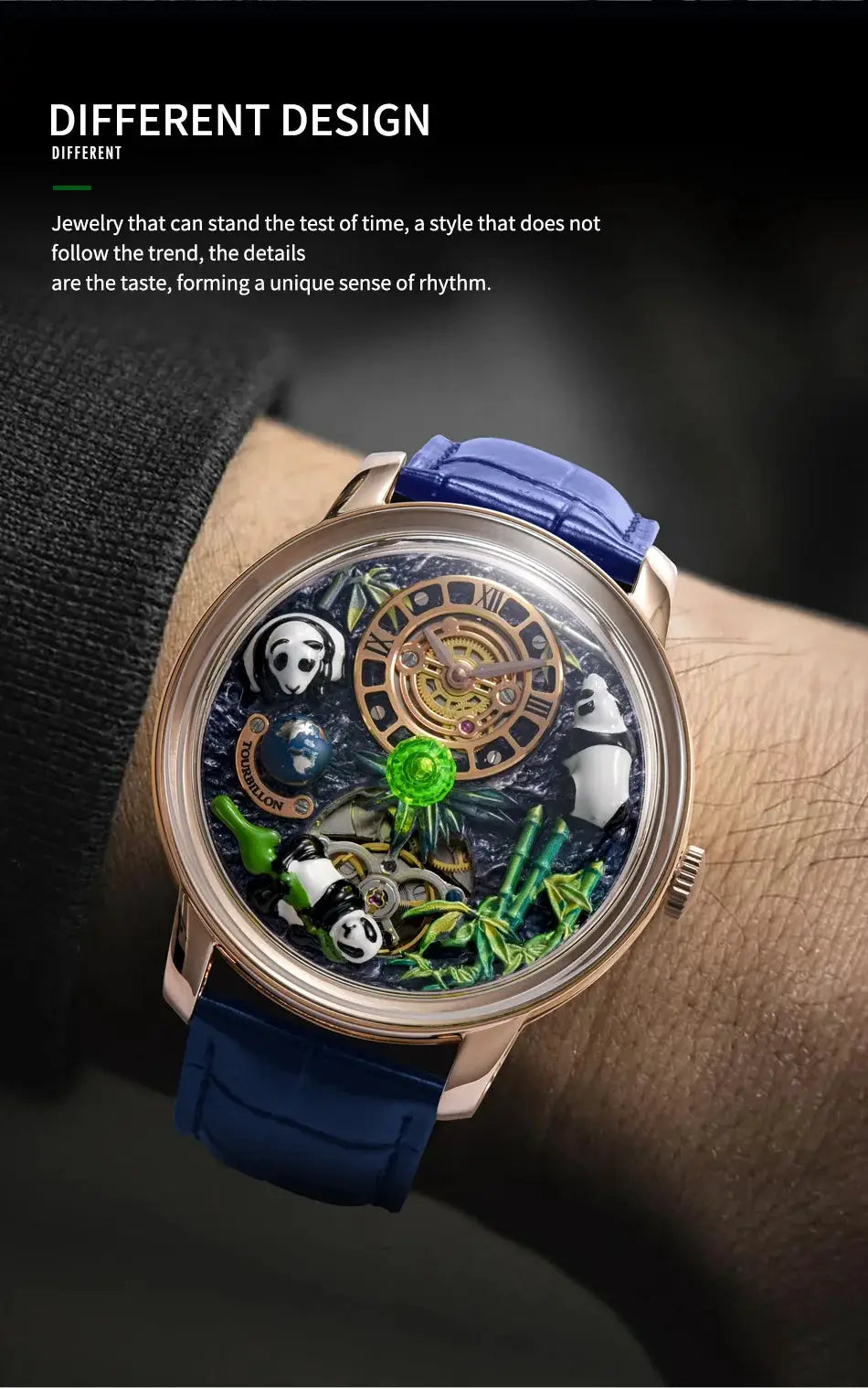 Men's panda-themed mechanical watch with skeleton dial, green crystal ball, rose-gold case, blue strap