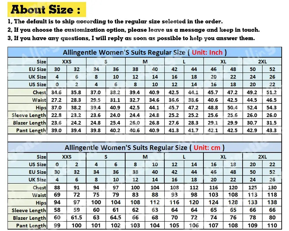 Allingentle women's suit size chart in inches and cm showing chest, waist, hips, sleeve, blazer and pants lengths.