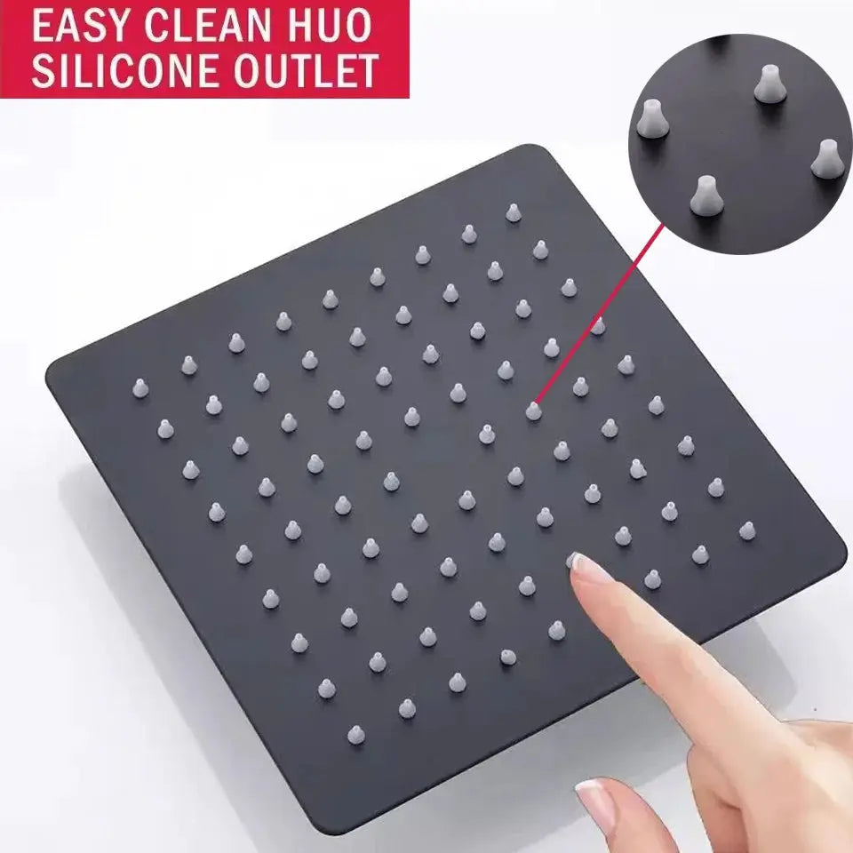 Square black stainless steel rainfall shower head with silicone nozzles for high-pressure waterfall flow