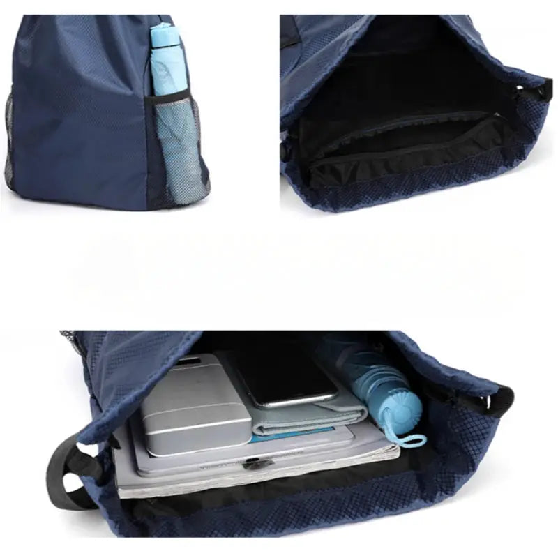 Backpack navy blue large-capacity drawstring bag with side water bottle pocket and inner compartments