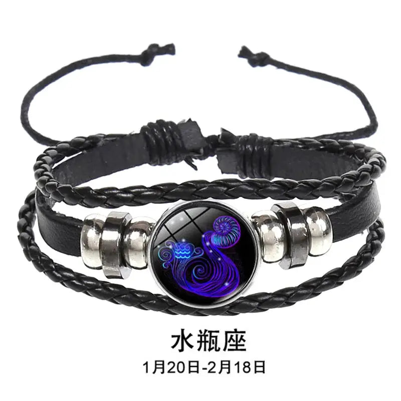 12 Constellation Zodiac Sign Luminous Charm Leather Wrap Bracelet Multilayer Vintage Unisex Bangle