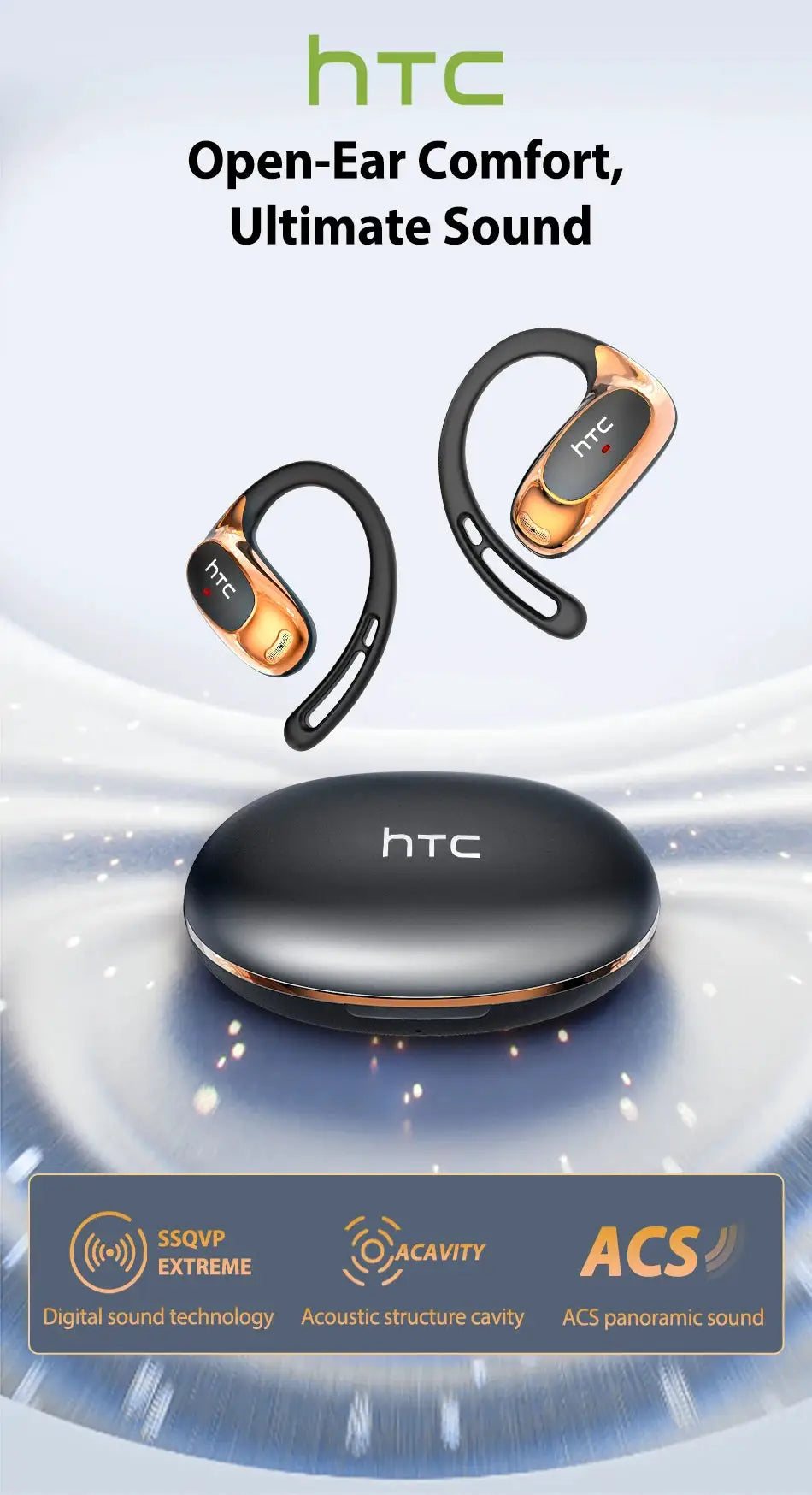HTC NE35 wireless earphones with rose-gold shells and black sport hooks, twin earbuds with HTC charging case