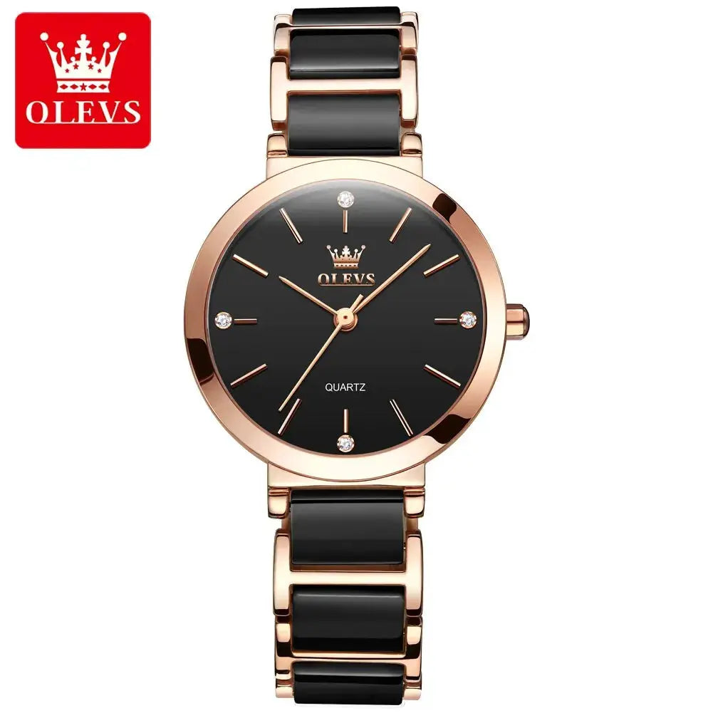 OLEVS women's quartz wristwatch with rose-gold case and black ceramic strap