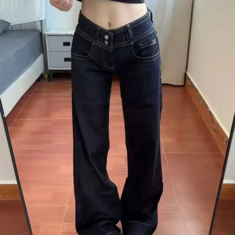 Womens Bootcut Jeans Double Waist Button Loose Fit American Pants