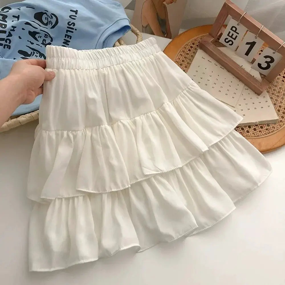 Simples Market white tiered ruffle mini skirt with elastic high-waist A-line style