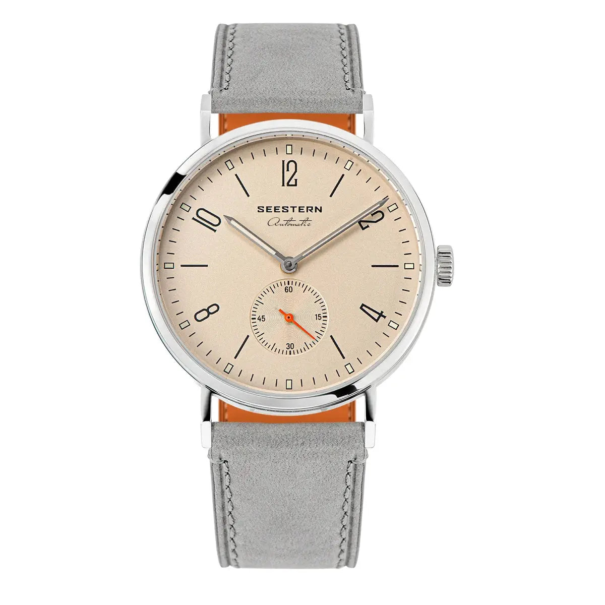 SEESTERN men's automatic wristwatch with beige dial, silver case, and gray leather strap