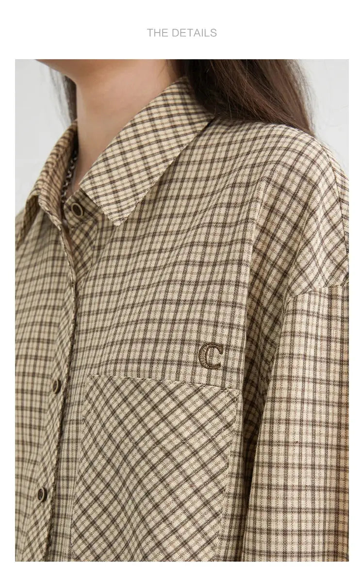 CHIC VEN women's plaid shirt, beige-brown check, loose casual fit with embroidered C on chest pocket