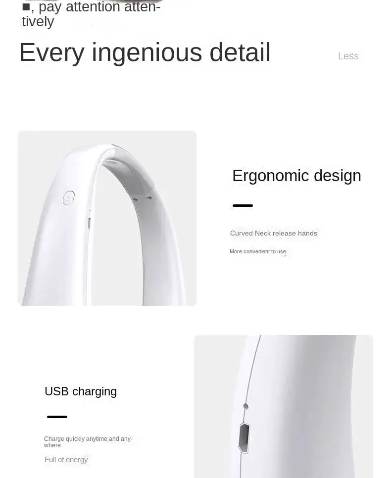 White bladeless hands-free neck fan, USB-charging wearable cooling device with curved ergonomic neck.