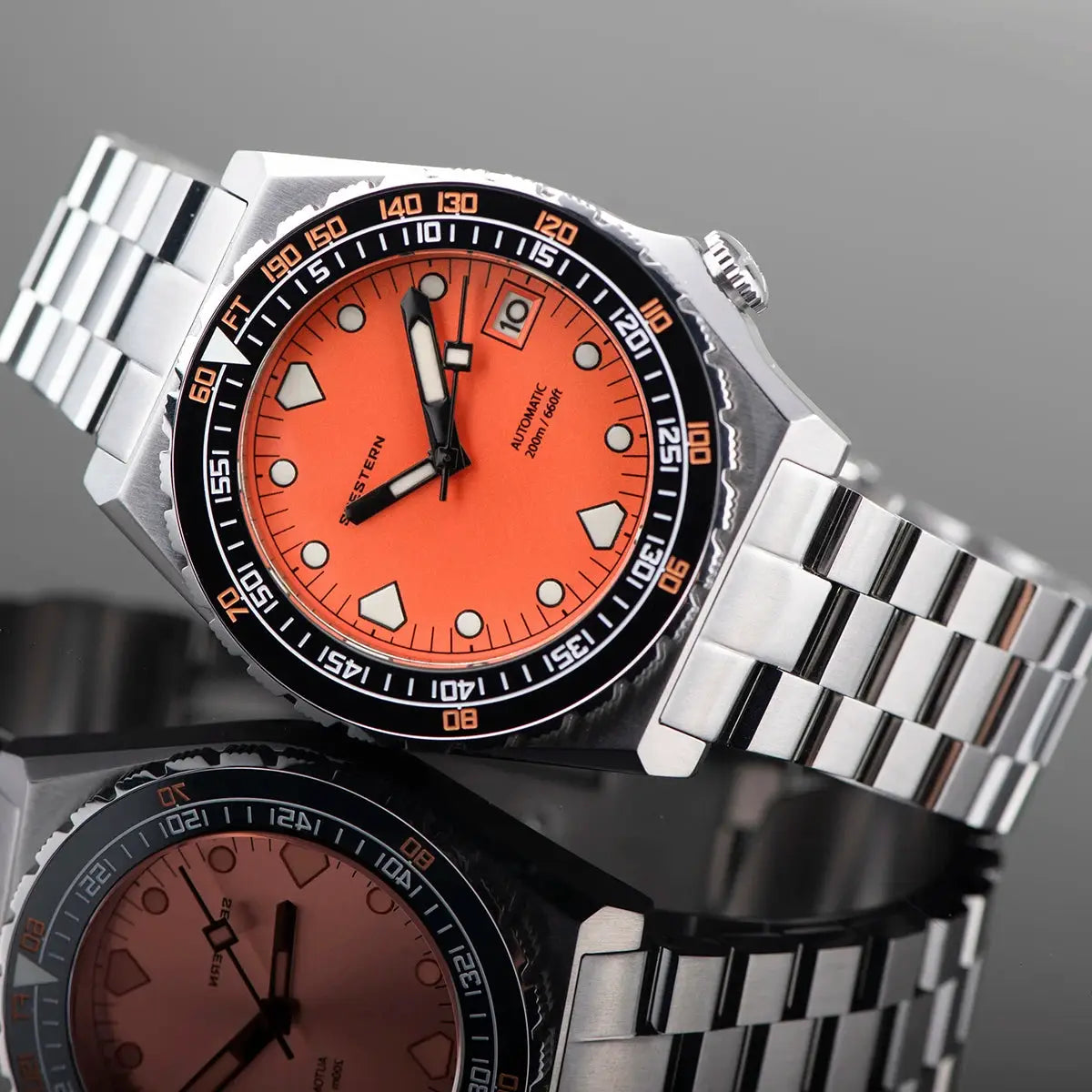 SEESTERN SUB600T diver watch with orange dial, automatic movement, ceramic bezel, stainless steel bracelet